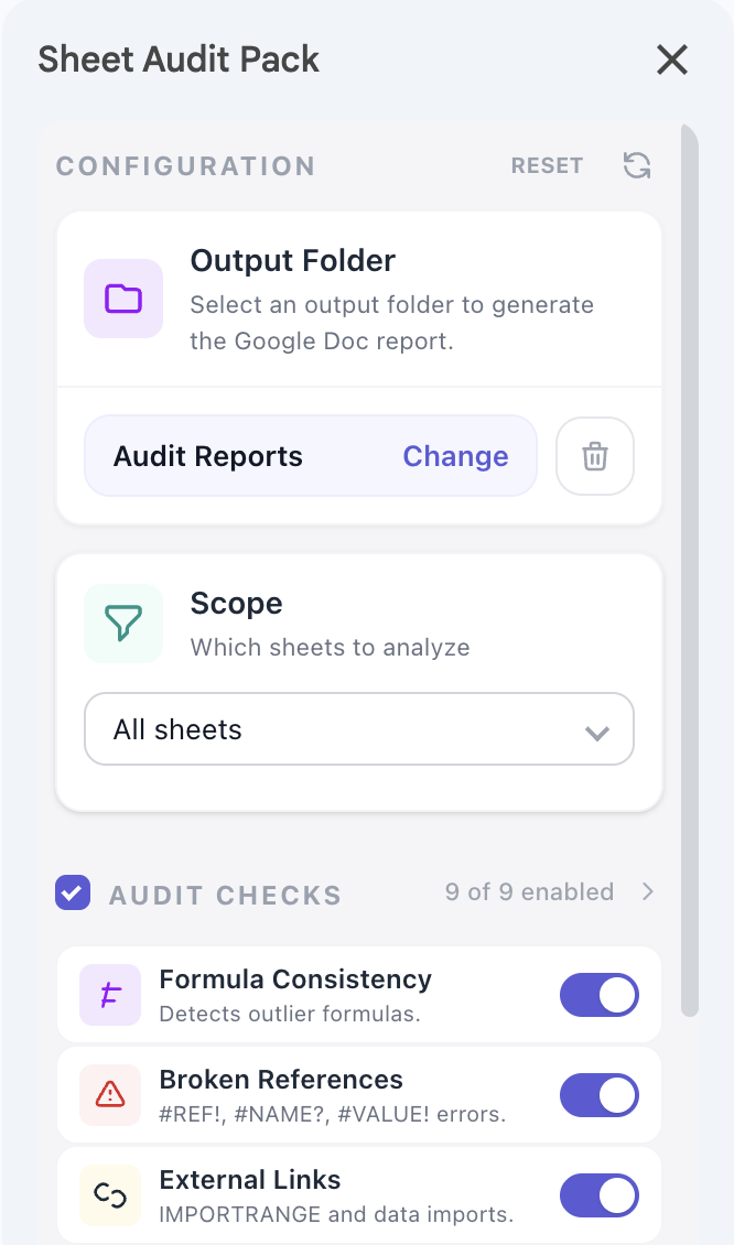 The Sheet Audit Pack sidebar in Google Sheets, with the output folder, scope, and audit checks