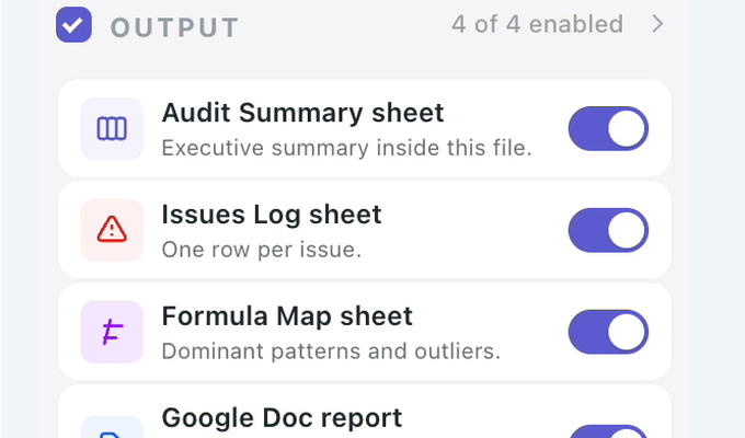 The Output section of the Sheet Audit Pack sidebar: Audit Summary sheet, Issues Log sheet, Formula Map sheet and Google Doc report, all switched on